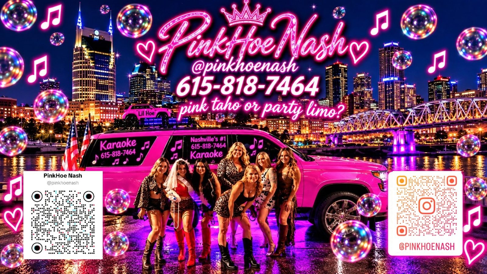 Bachelorette group posing with the pink Tahoe karaoke SUV in Nashville at night, Lil Hoe mini Tahoe riding on the roof